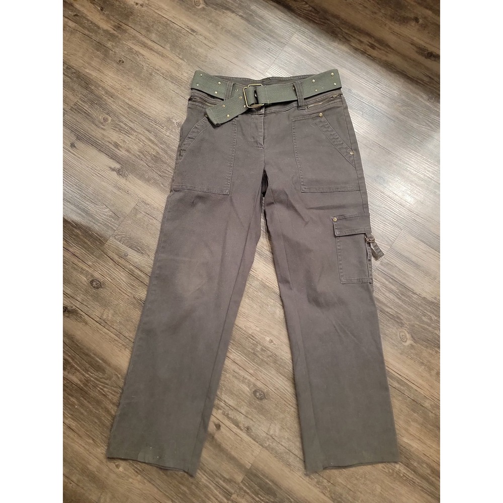 Cabi Cargo Pants Women 2 Grey Olive Green Utility Straight Leg Studded Belt
